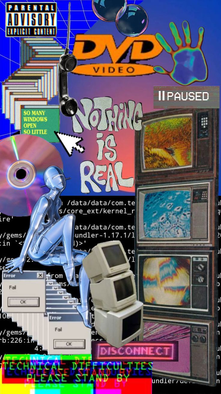 Retro Y2K technology collage with old computers, televisions, a CD and bright colors